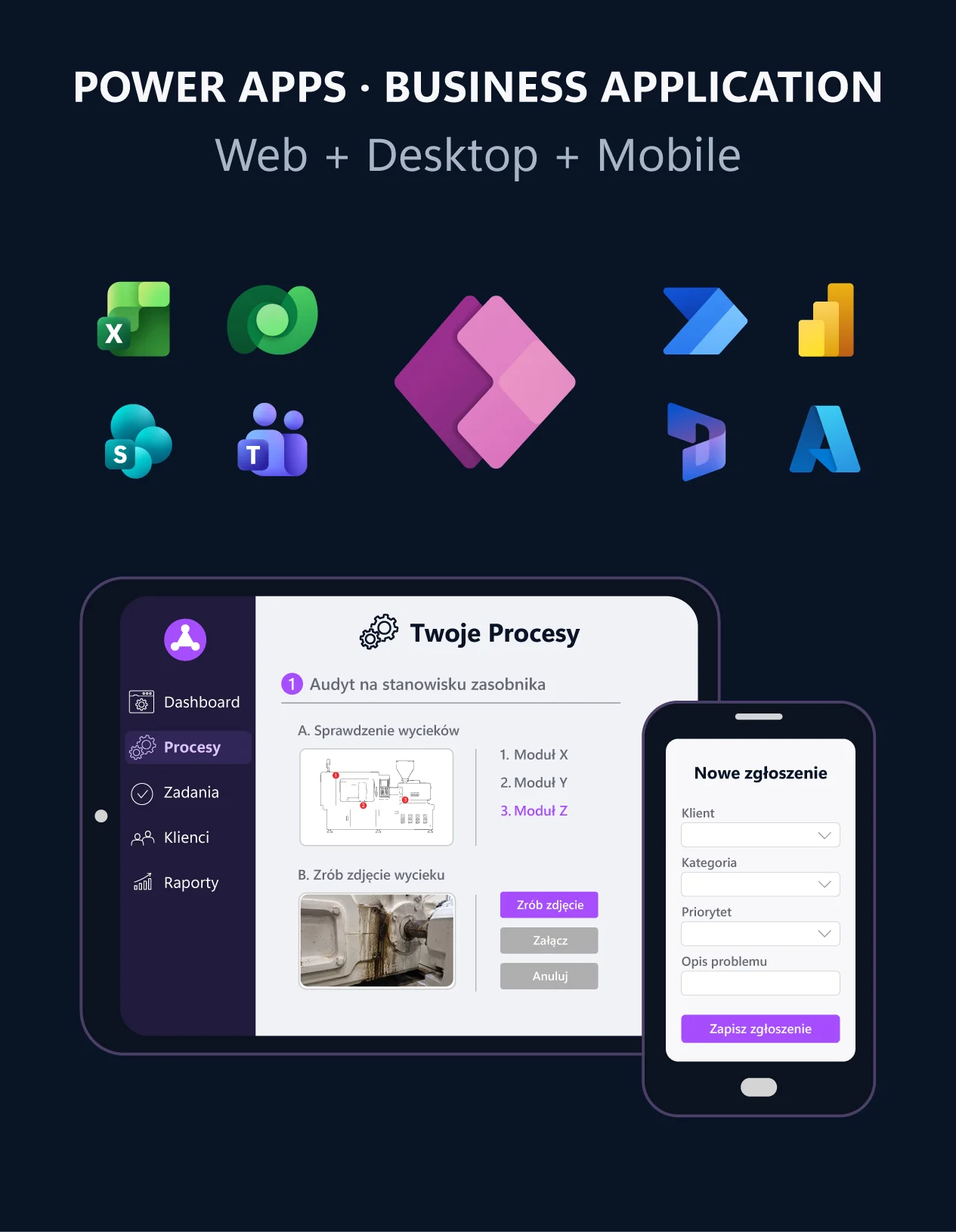 Przykład aplikacji biznesowej Power Apps działającej na komputerze i telefonie
